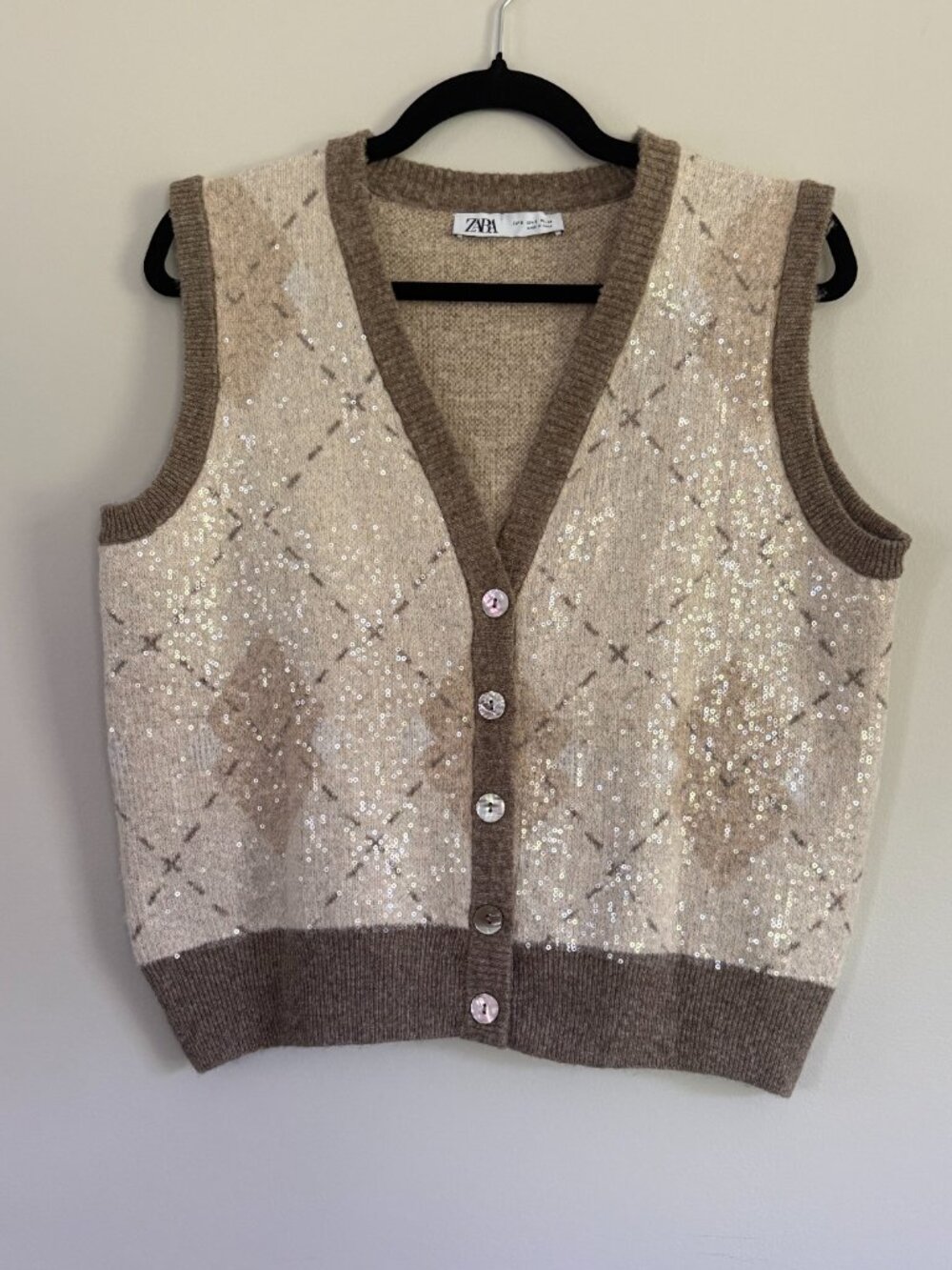 Zara Sequin Argyle Knit Cardigan Vest Taupe Beige S
